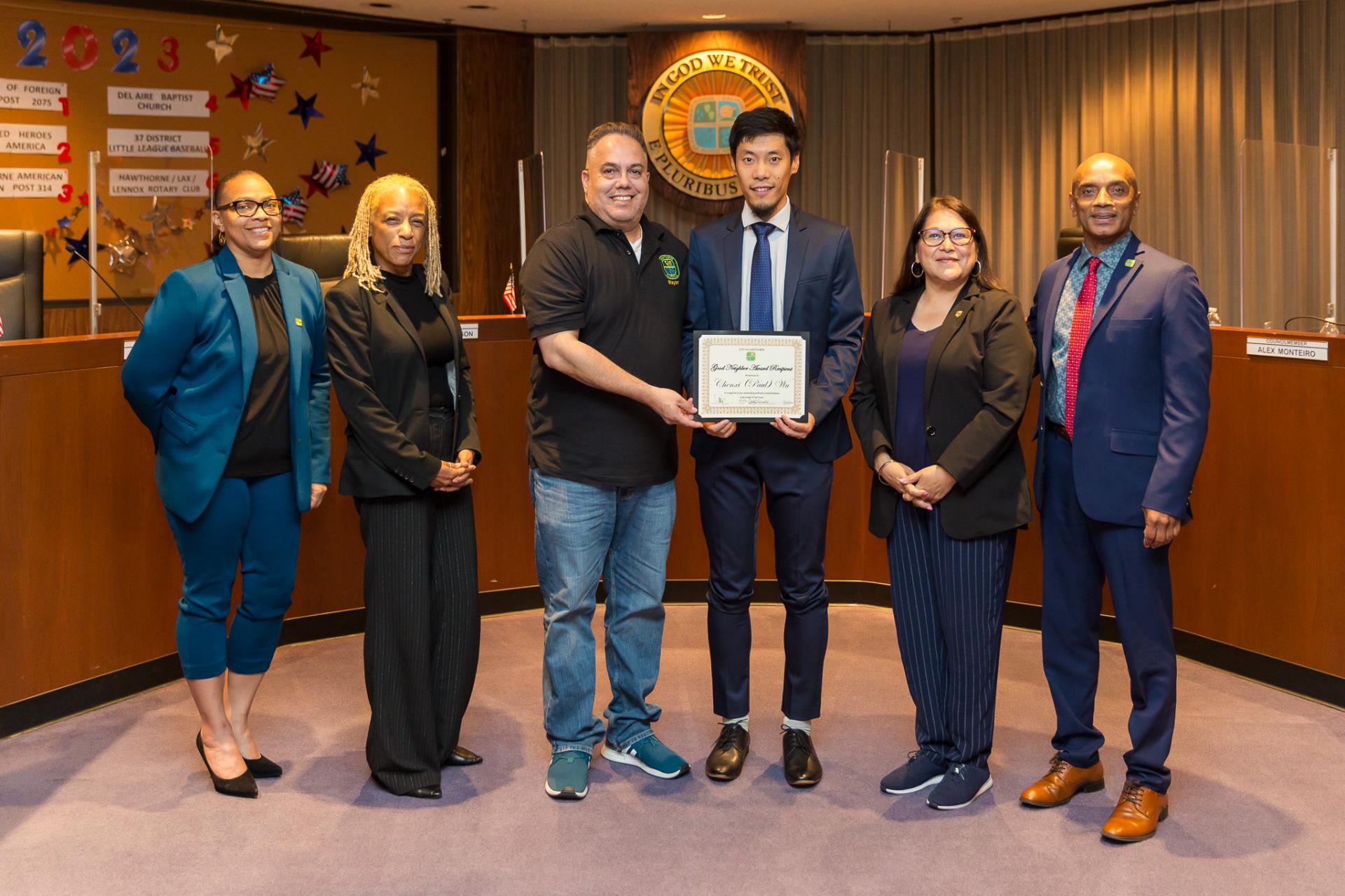 April Good Neighbor Award - Paul Wu with Council members