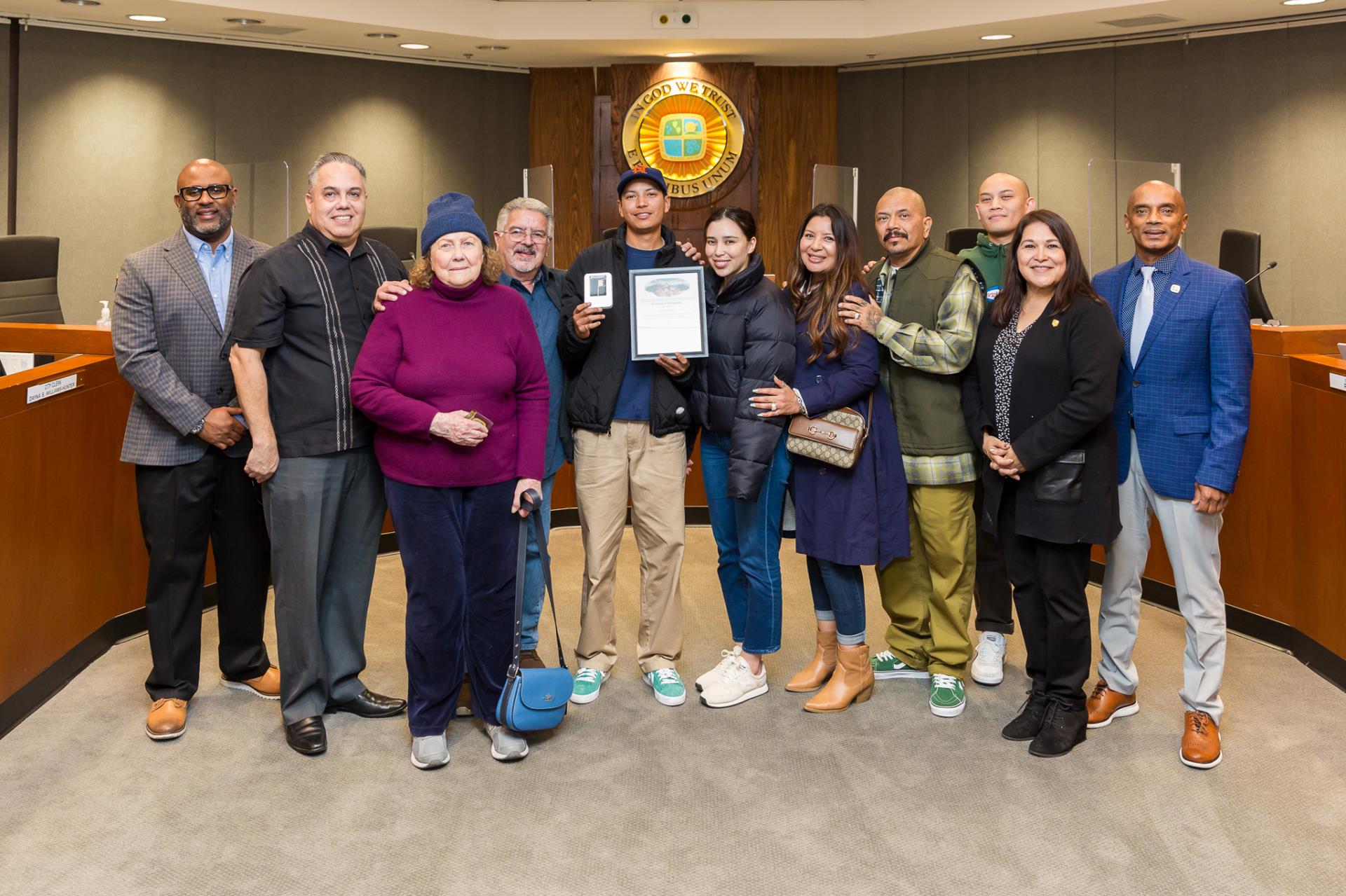 Pro Skater Louie Lope with Council & family receiving Key to the City with family