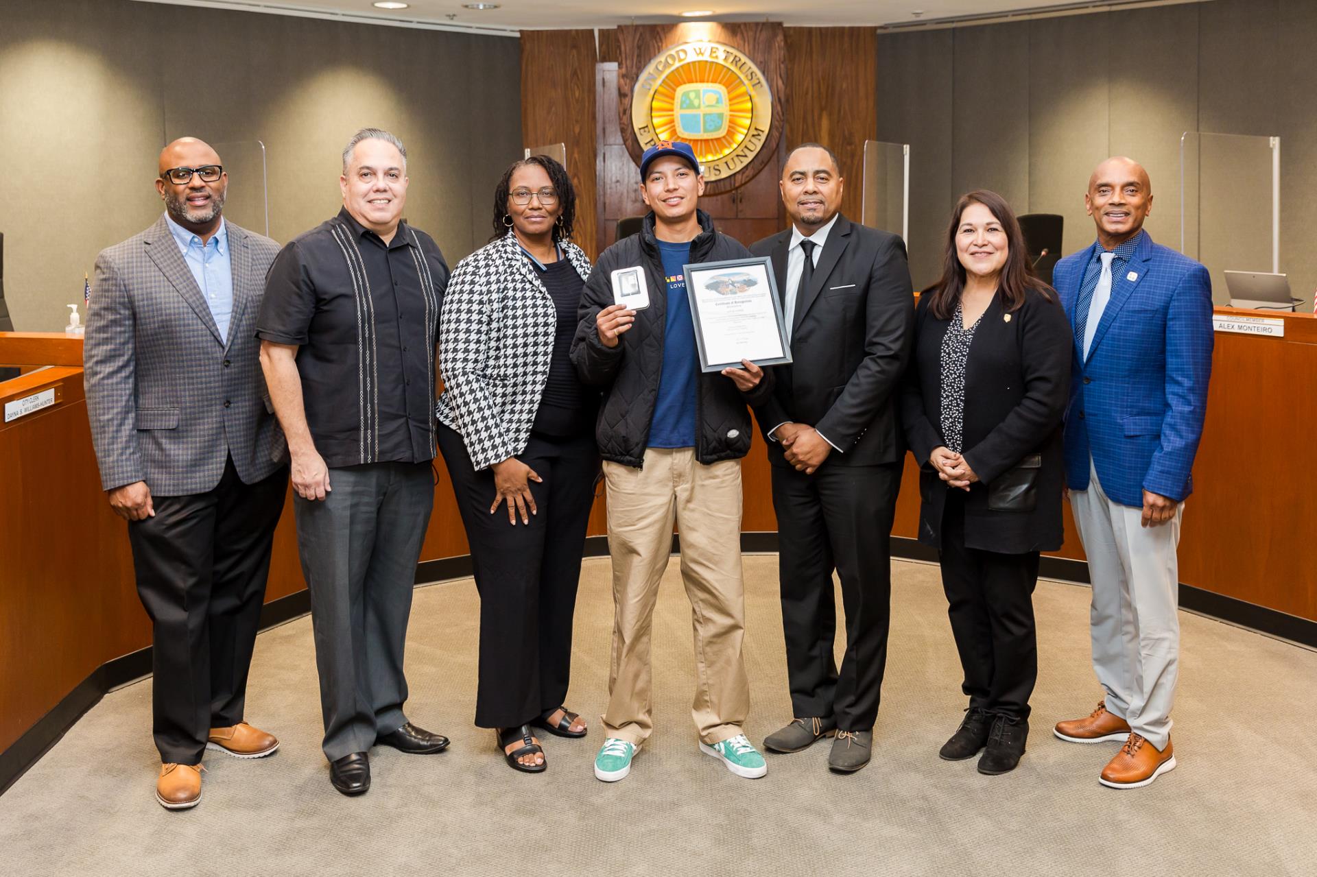 Pro Skater Louie Lope with Council, City Manager Von Norris, & acting Recreation Supervisor Brenda Williams receiving Key to the City